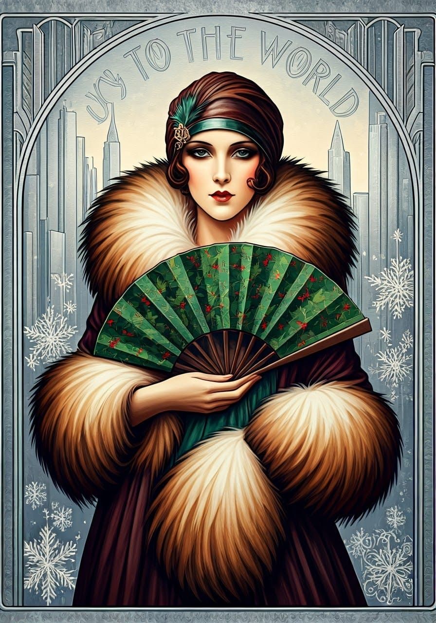 Elegant Flapper Woman in Art Deco Cityscape with Bold Typogr...