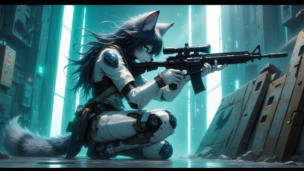 Sci-Fi Wolf Warrior in High Fantasy Hangar