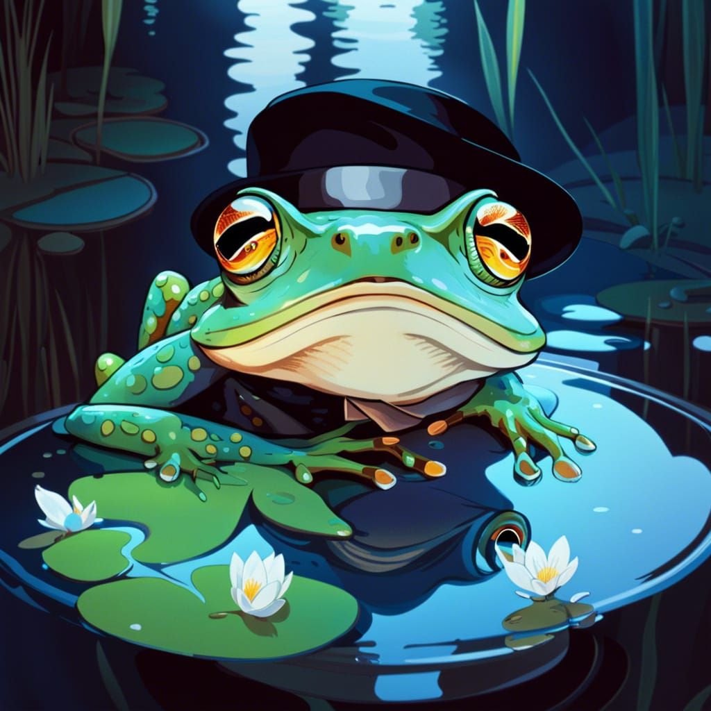 Frog with Hat and Cigar on Pond