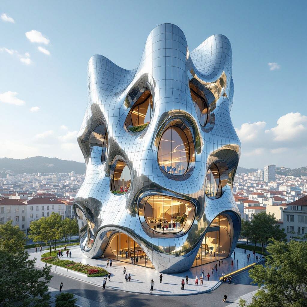 Futuristic Chrome Skyscraper in Portuguese City