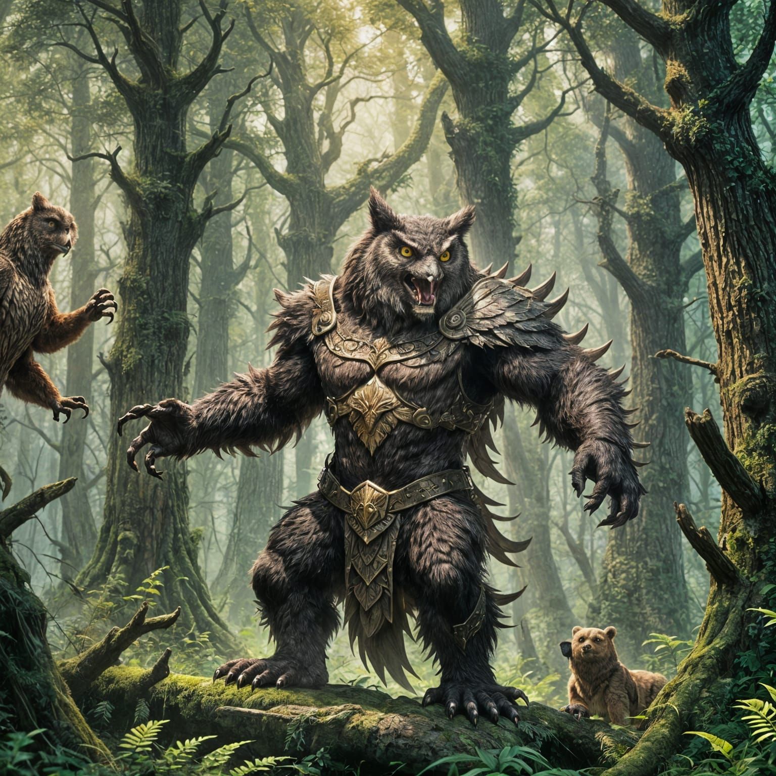 Fantasy Owlbear Roaring in a Lush Forest