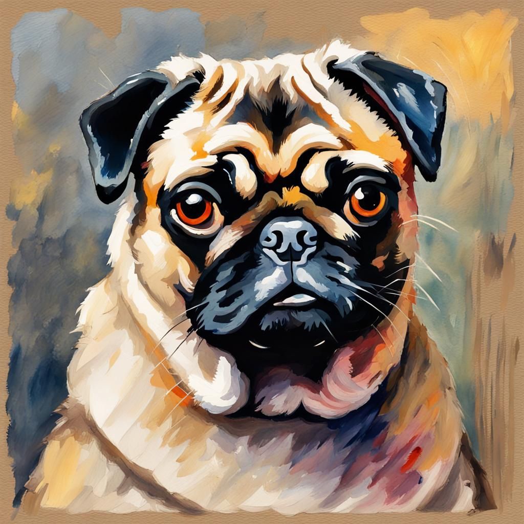 Pug in Gouache Style Impressionist Painting