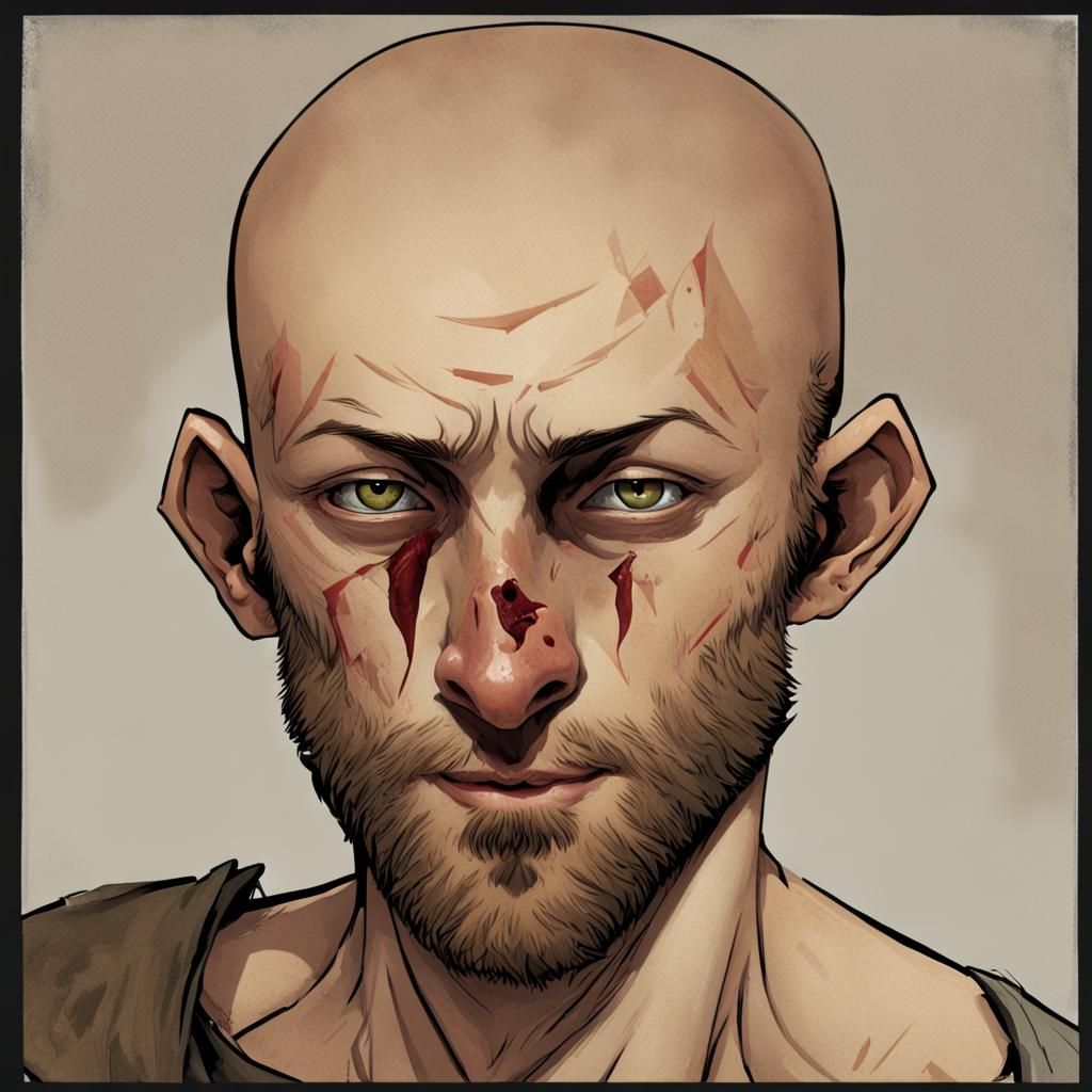 Intense Portrait of Bald Man with Beard and Scar