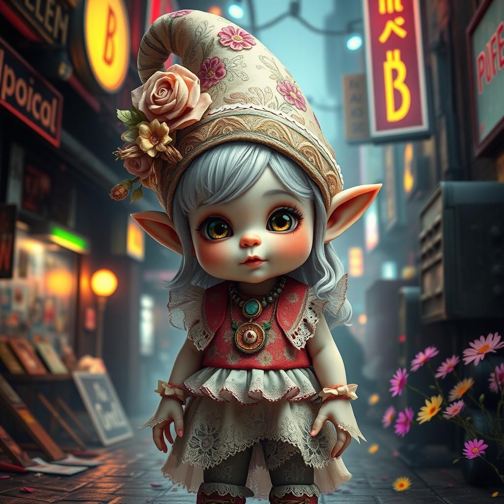 Bohemian Cyberpunk Gnome in Urban Fairytale Setting