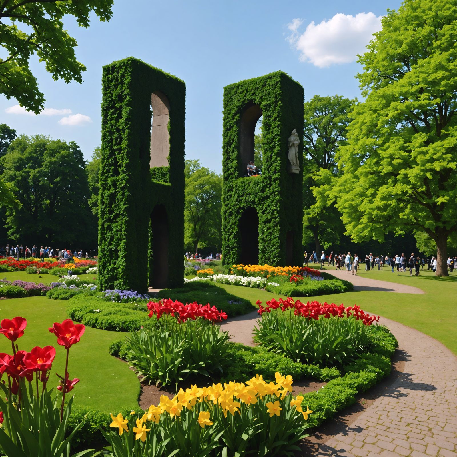 Park Lake Surrounded by Flowers and Sculptures