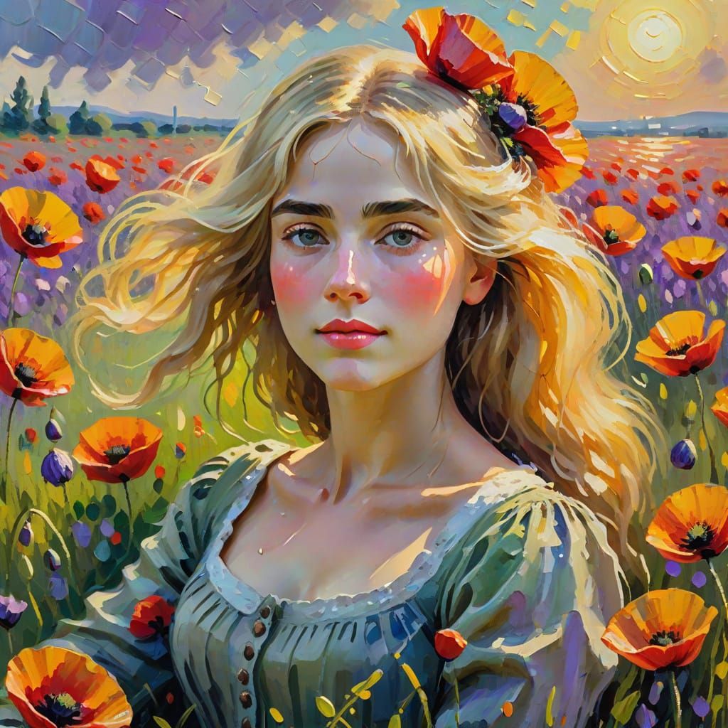 Impressionistic Woman in Poppy Field, Oil Painting