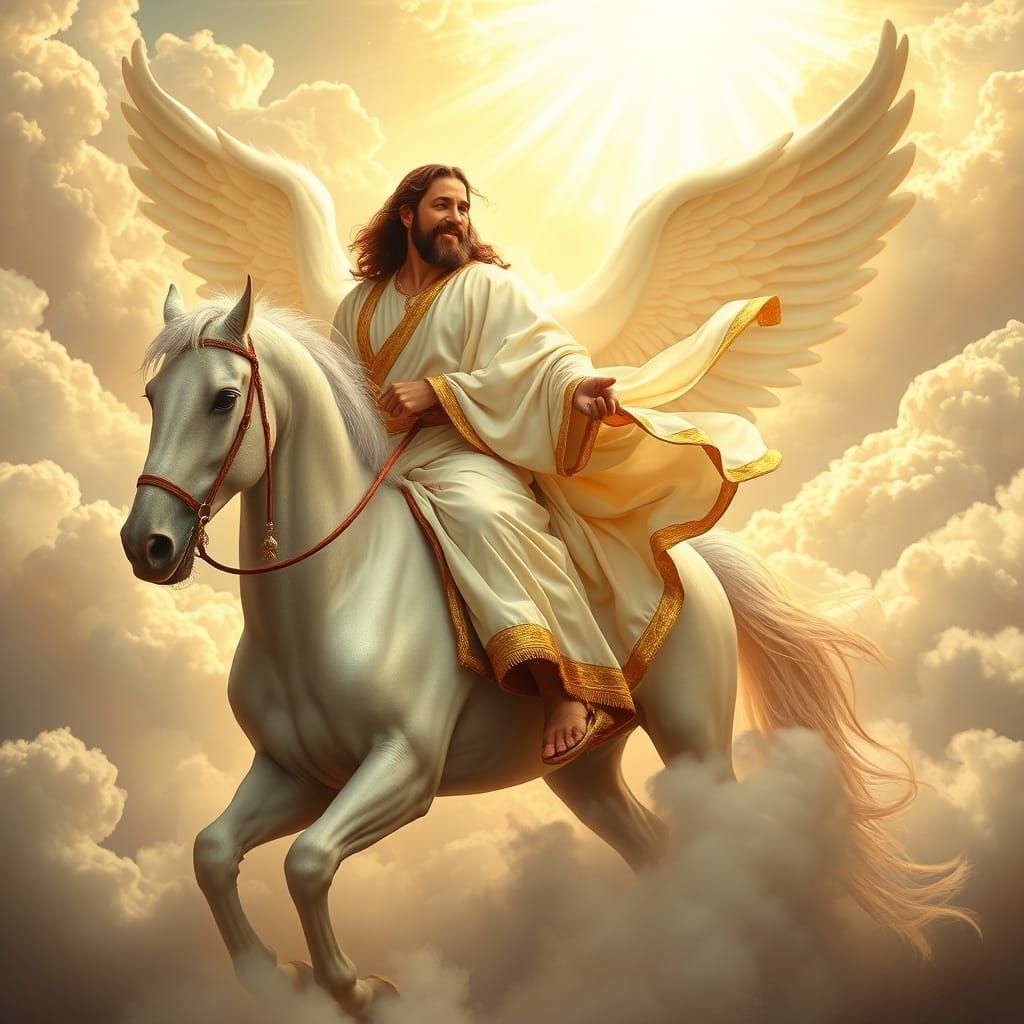Majestic Jesus on White Horse in Heavenly Glow