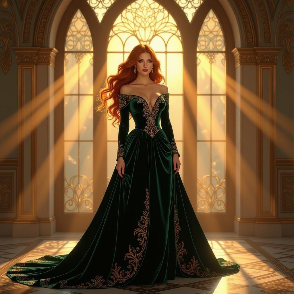 Auburn Haired Woman in Emerald Gown, Historical Realism Styl...