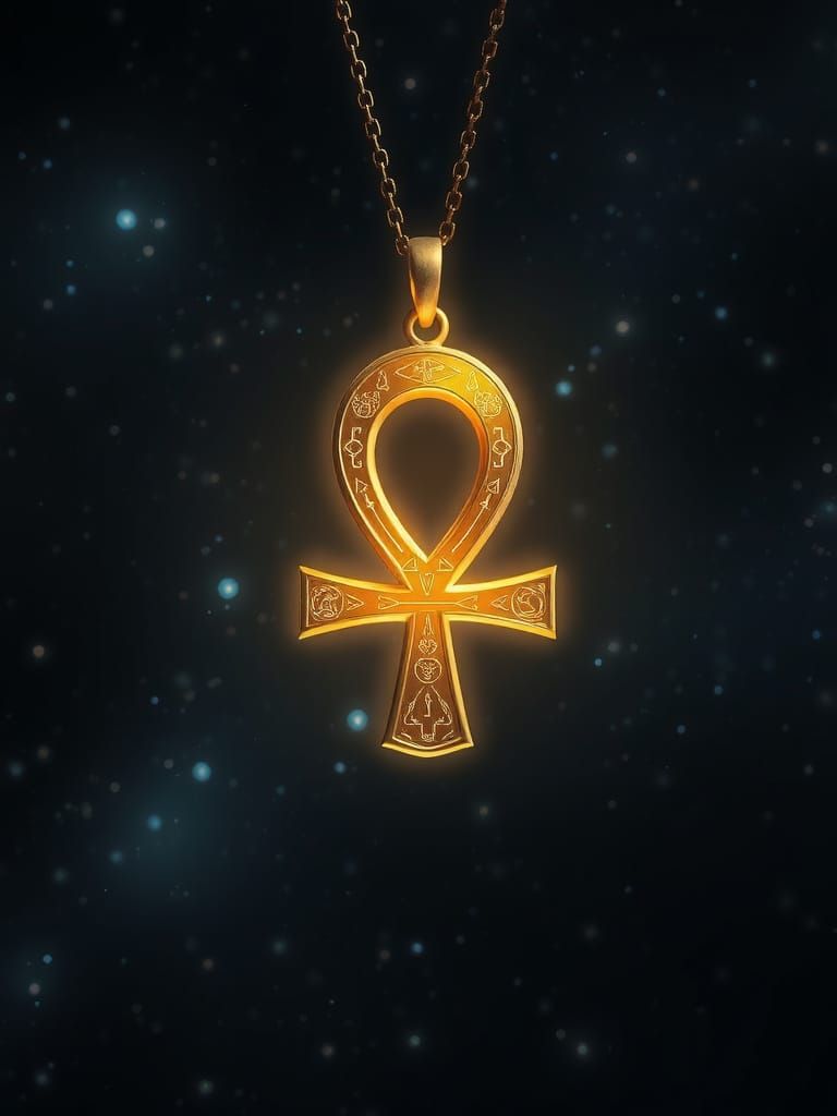 Gleaming Gold Ankh Pendant in Cosmic Starry Night