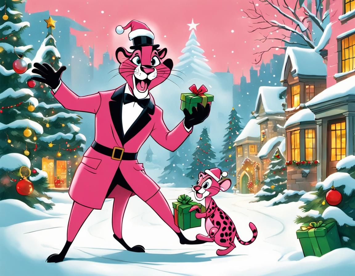 Pink Panther's Christmas Celebration in Cartoon Style