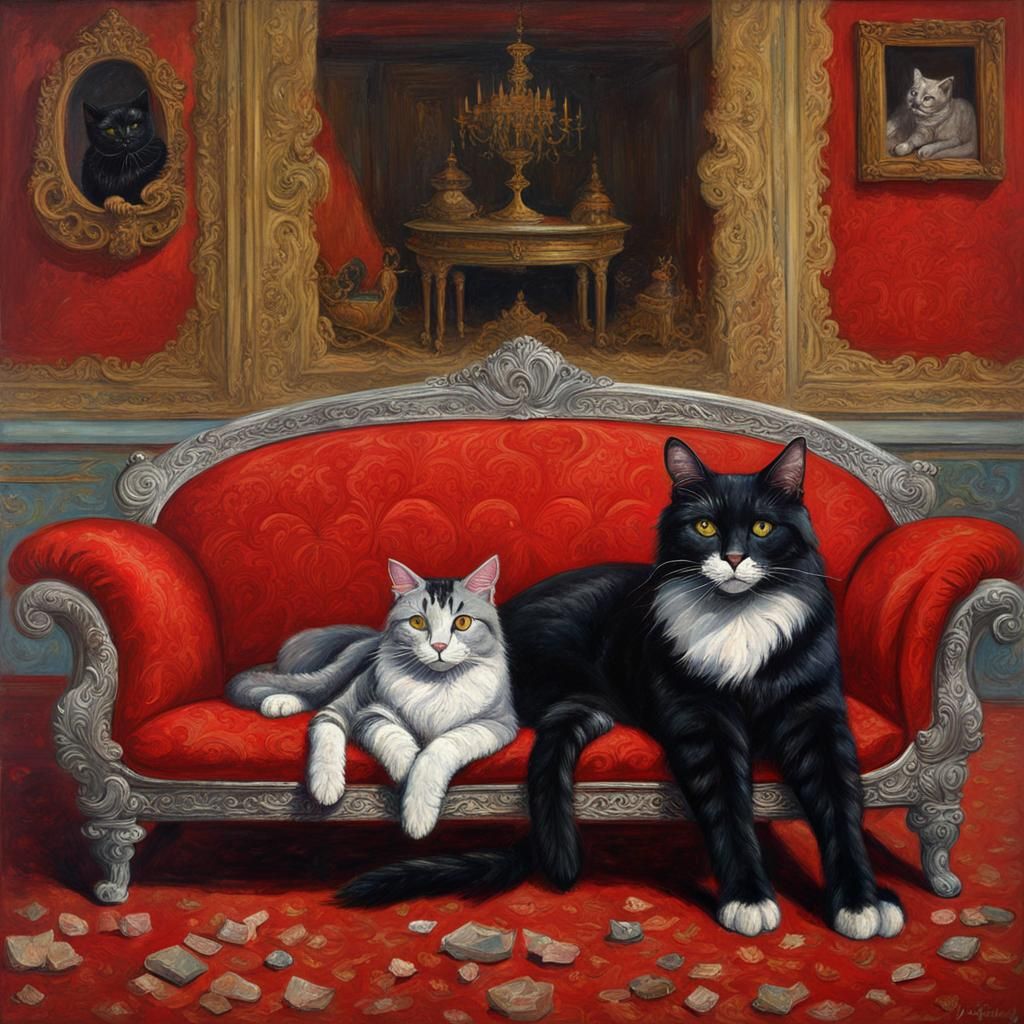 Cats Lounging in Ornate Room as Oil Painting