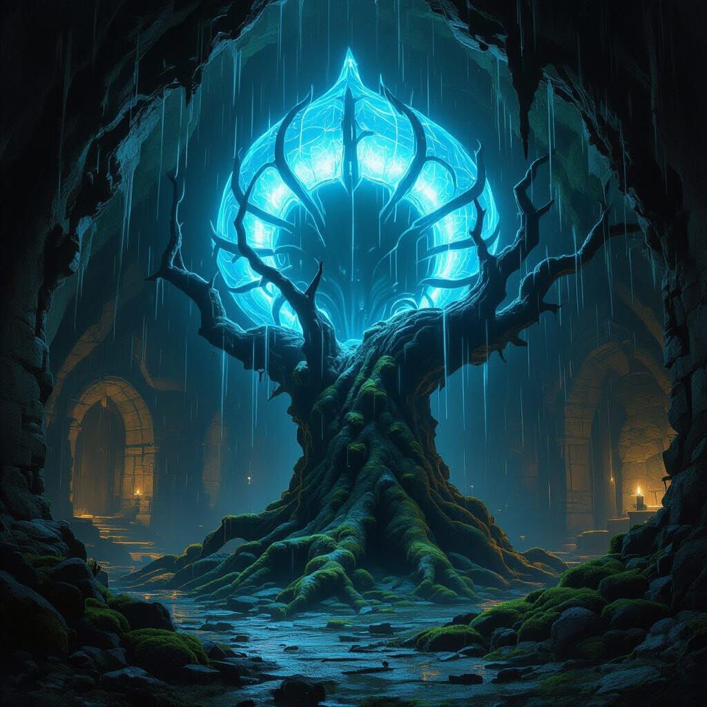 Bioluminescent Archidea on Ancient Tree in Dungeon