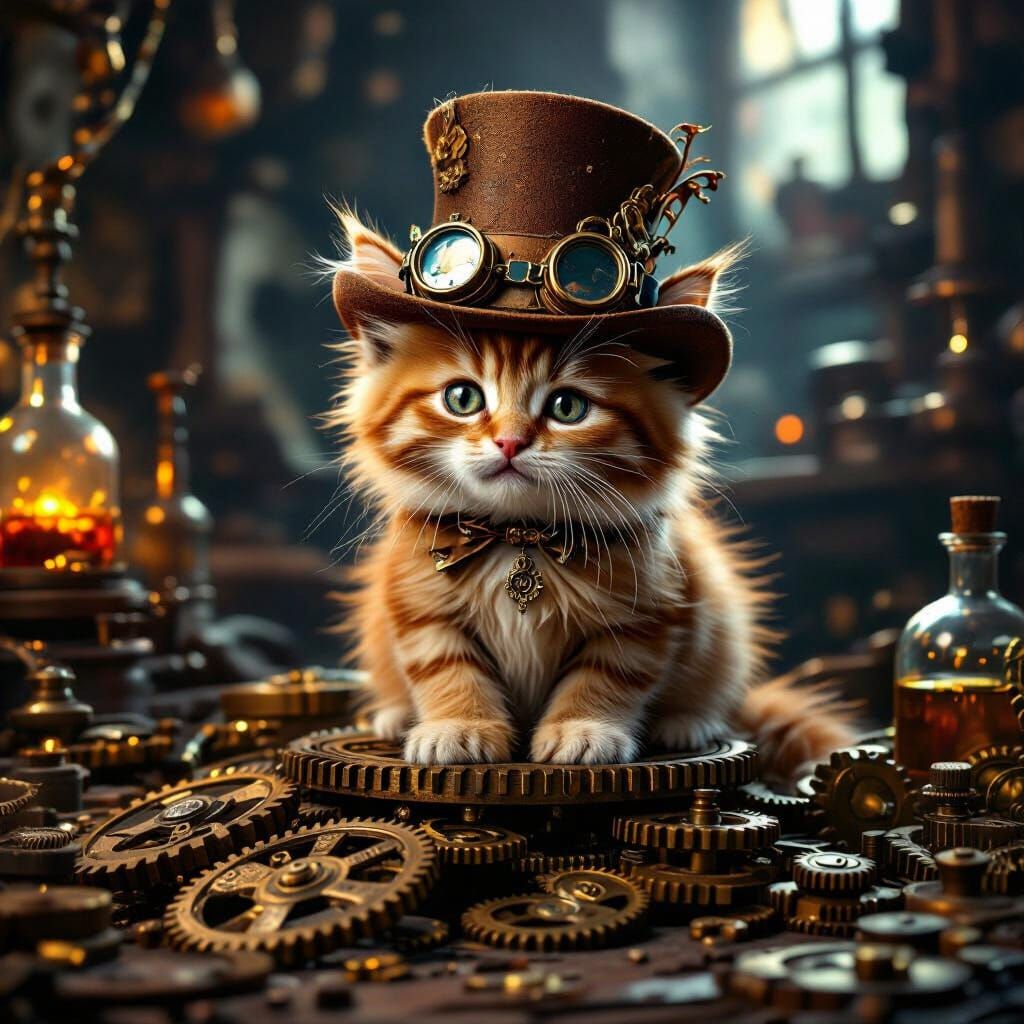 Steampunk Kitten in Goggles and Top Hat on Gears