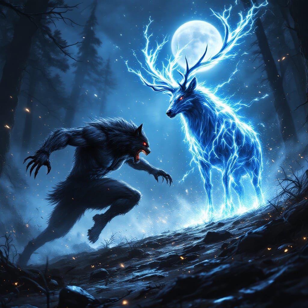 Werewolf Battles Glowing Stag in Moonlit Forest