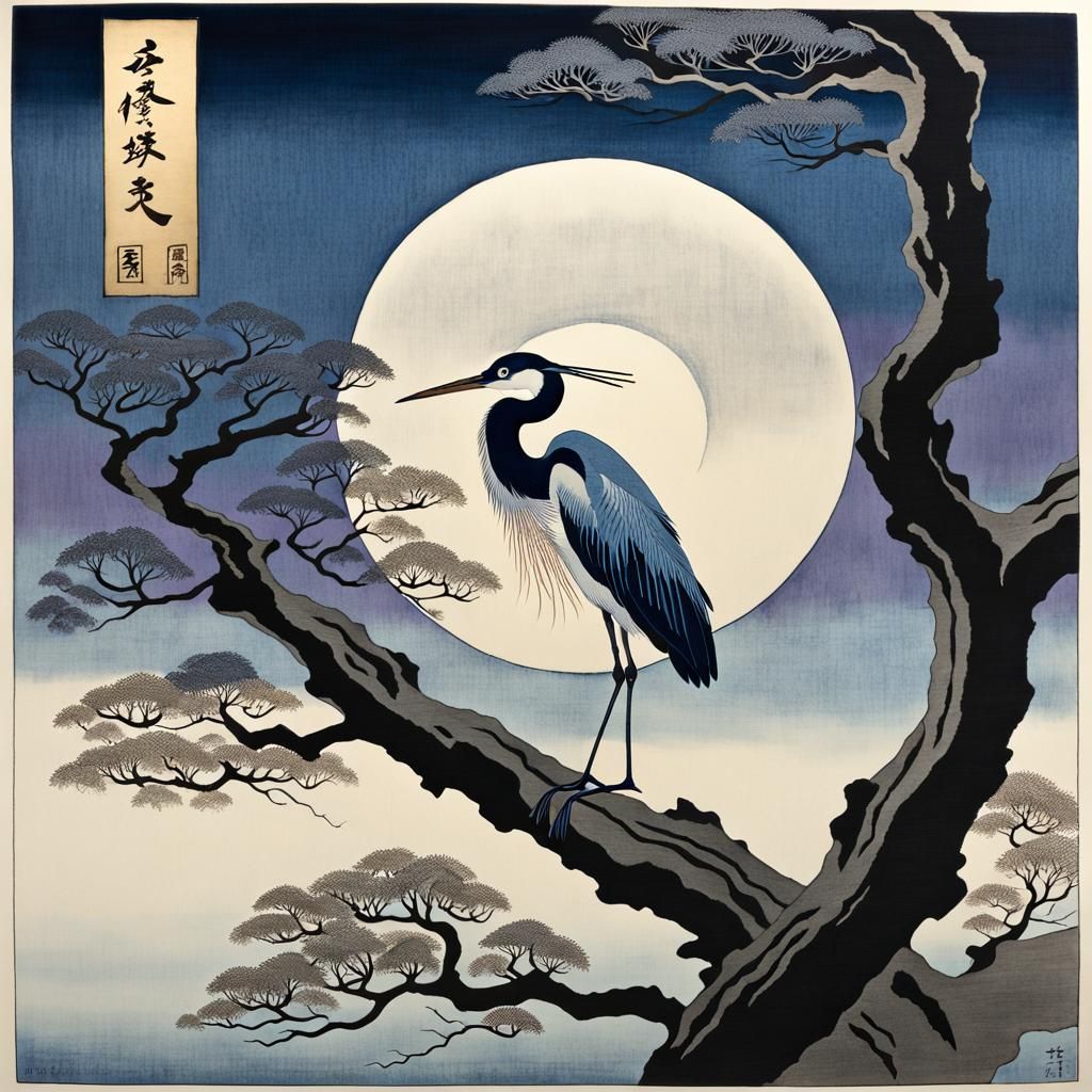 Enchanted Heron in Japanese Woodblock Print Style