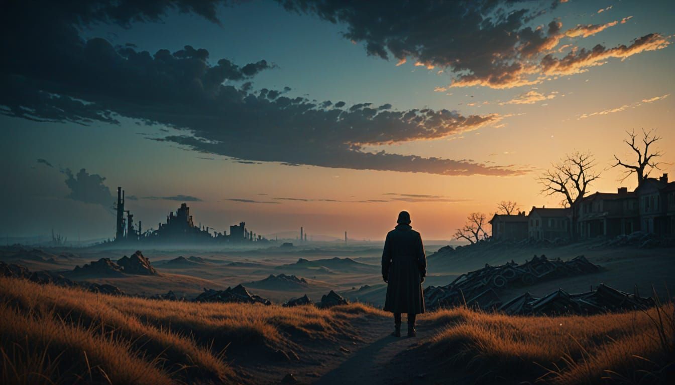 Mysterious Figure Stands in Haunting Golden Hour Landscape