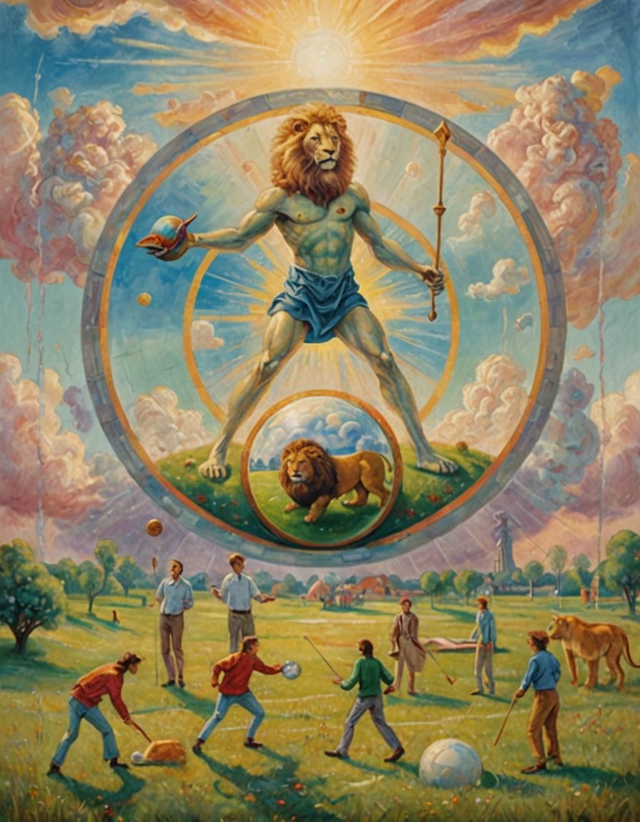 Surreal Man with Lion, Sphere, and Sports Field