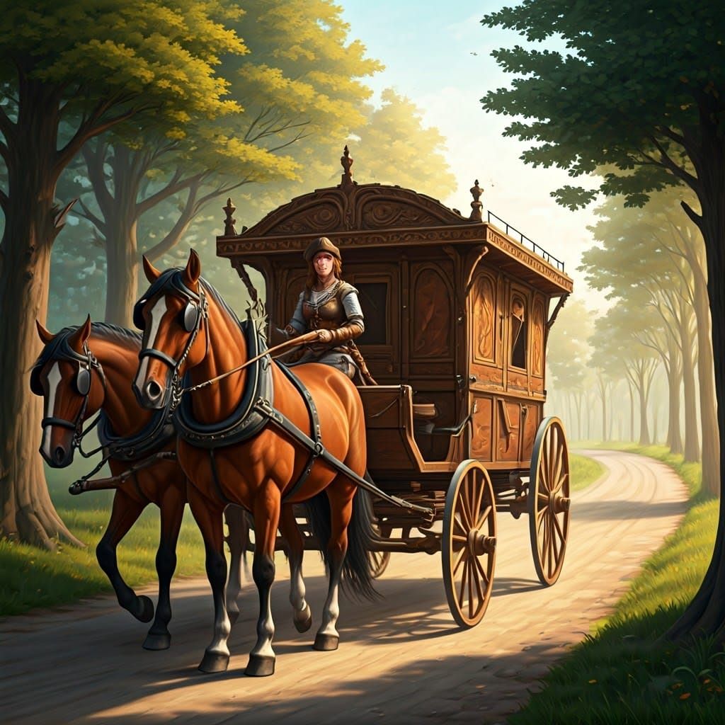 Medieval Coachwoman Rides Shotgun, Folk Art Style