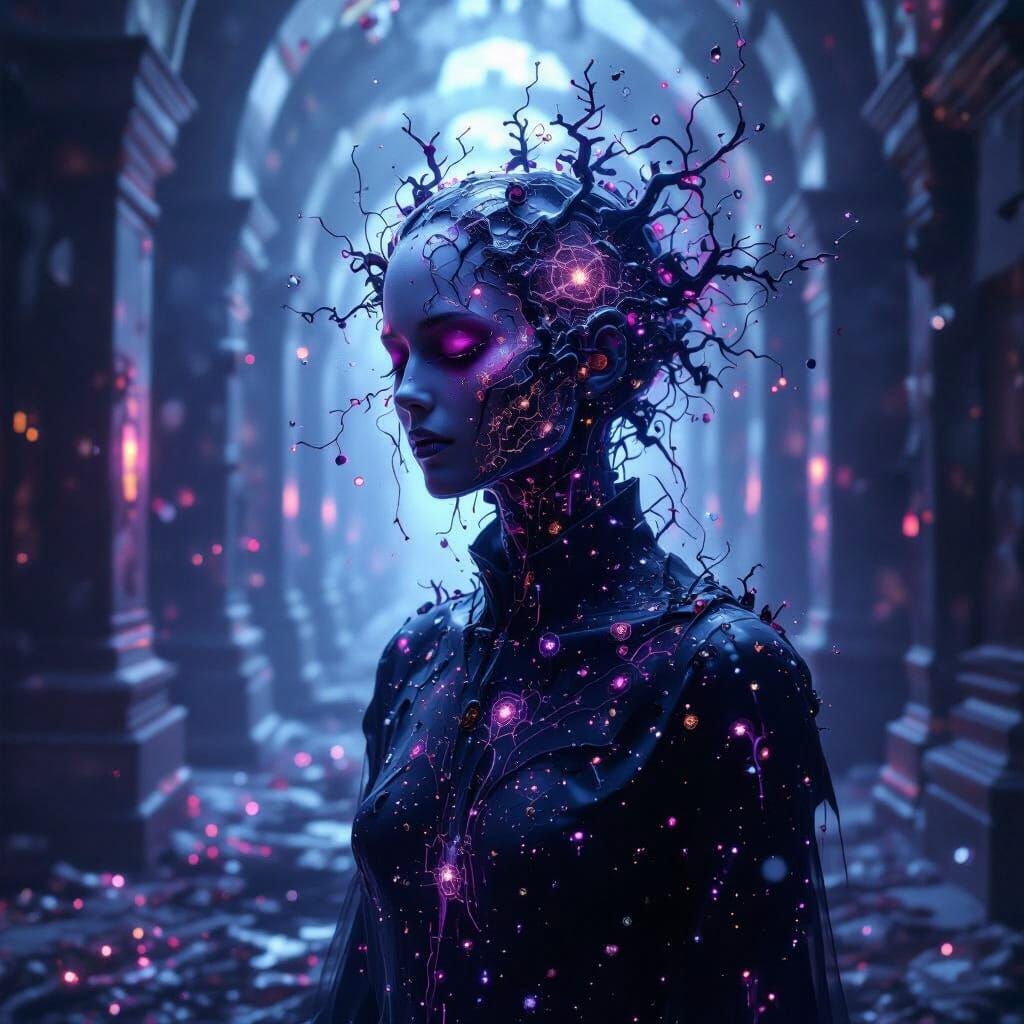 Post-Human Figure Dissolving in Fractal Memories