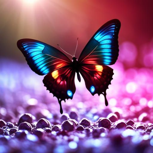 Colorful Butterfly over Blue Crystal Field: Fantasy Art
