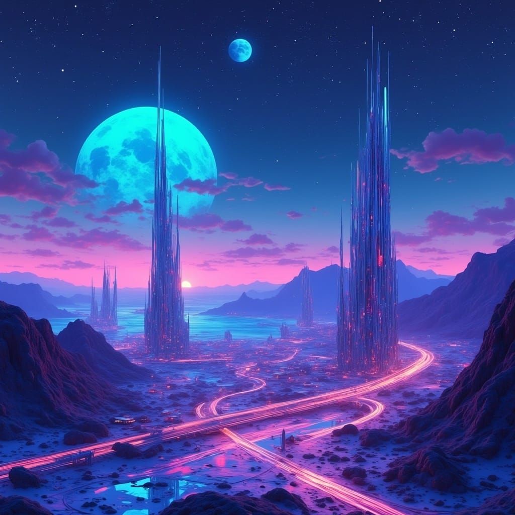 Cyberpunk Metropolis Under Starry Skies