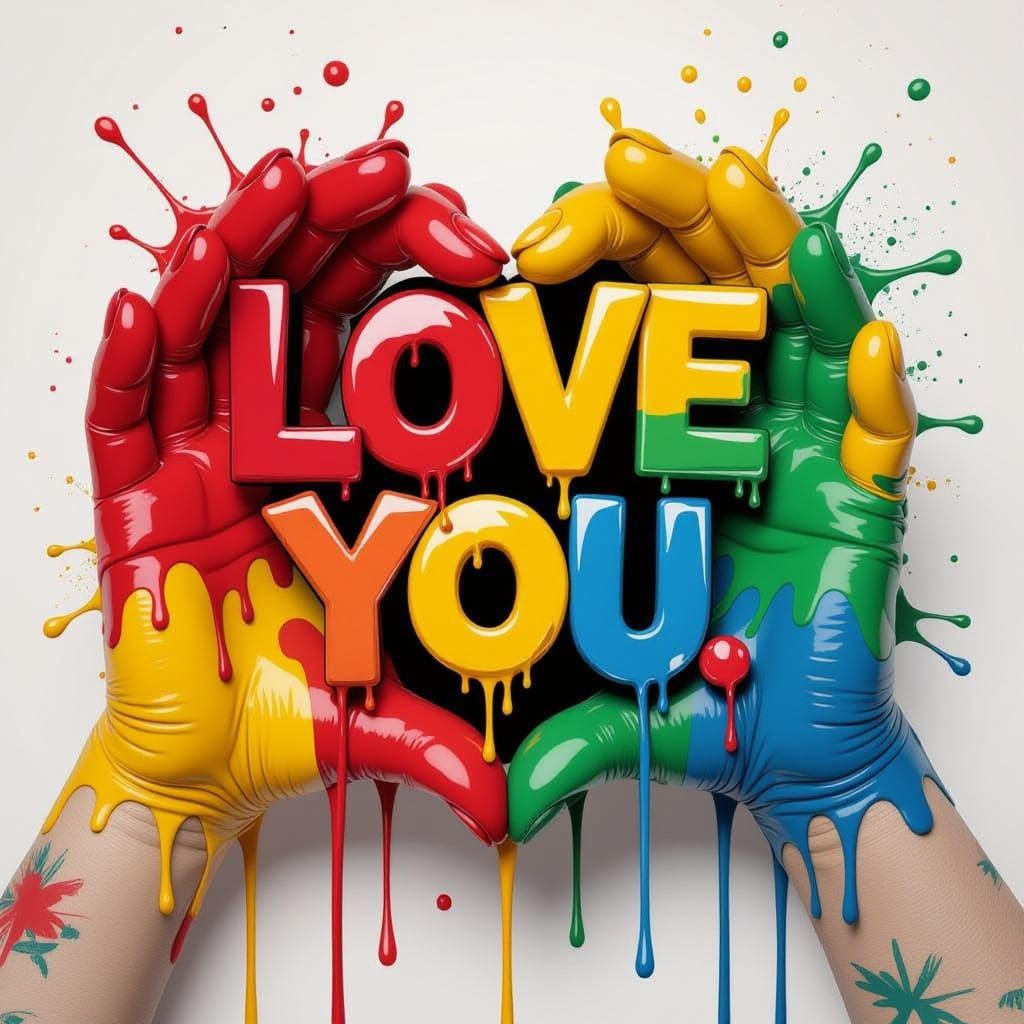 Hands Form Heart With Dripping Paint In Digital Art Style