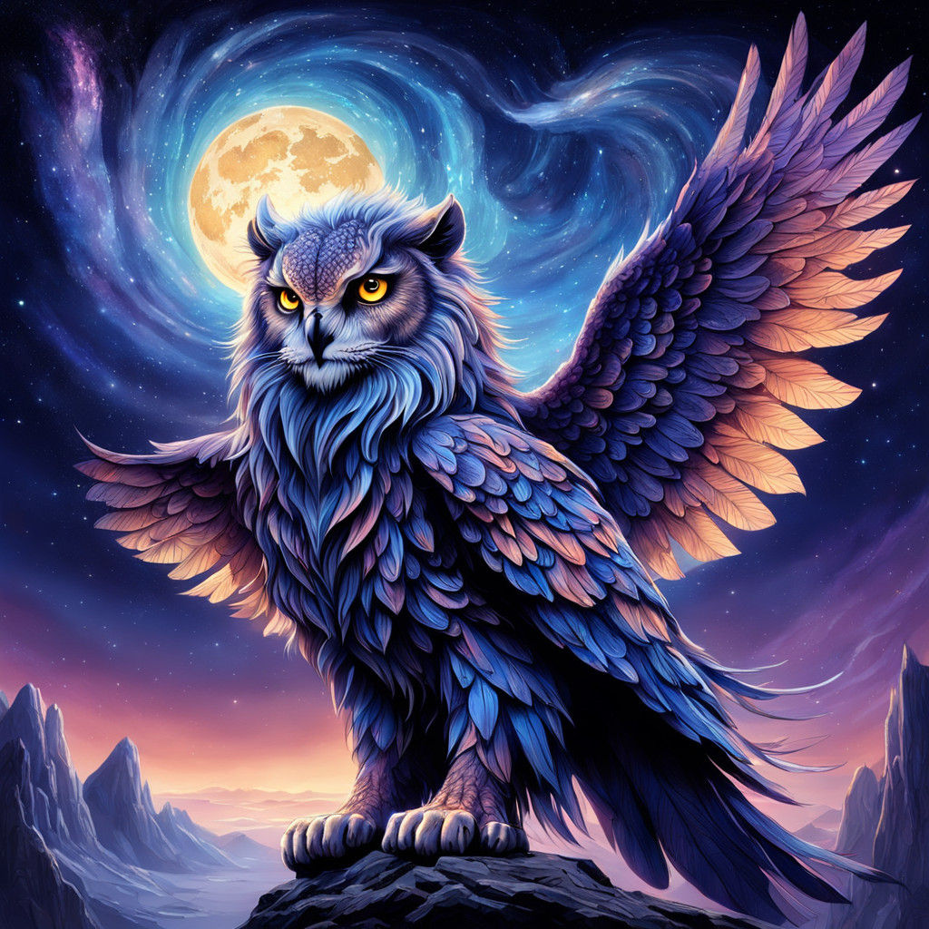 Majestic Lion-Owl Hybrid in Celestial Realism Style