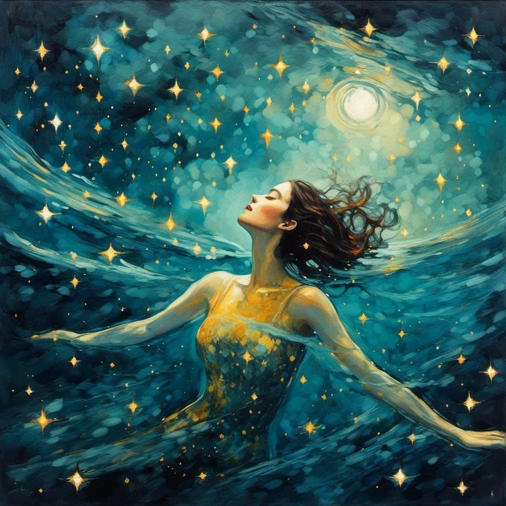 Surreal Oil Painting of Woman Diving at Night