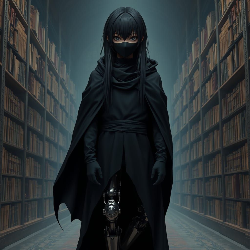 Dark Fantasy Youth Stands Amidst Ancient Tomes