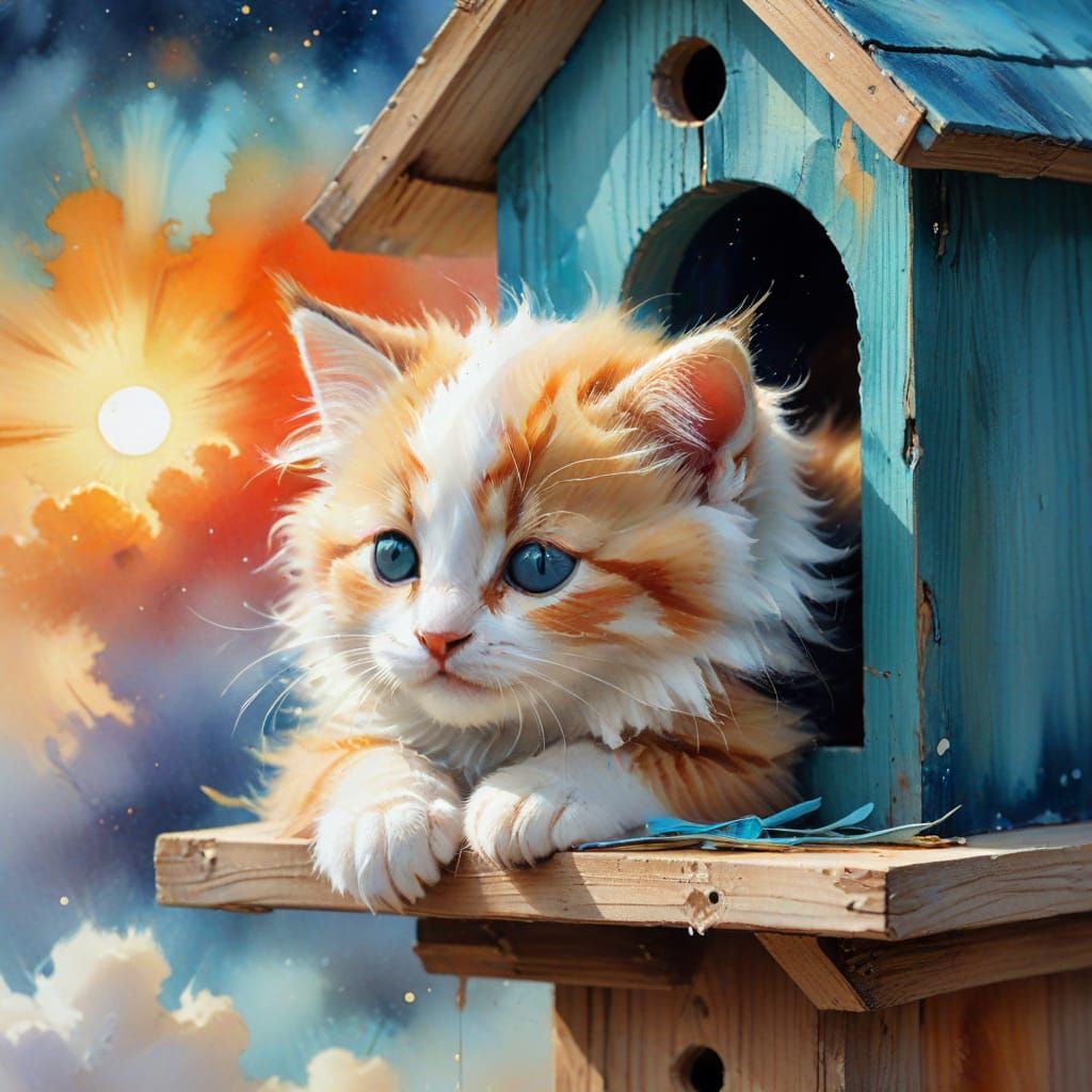 Kitten Sleeping in Watercolor Birdhouse in Nebula