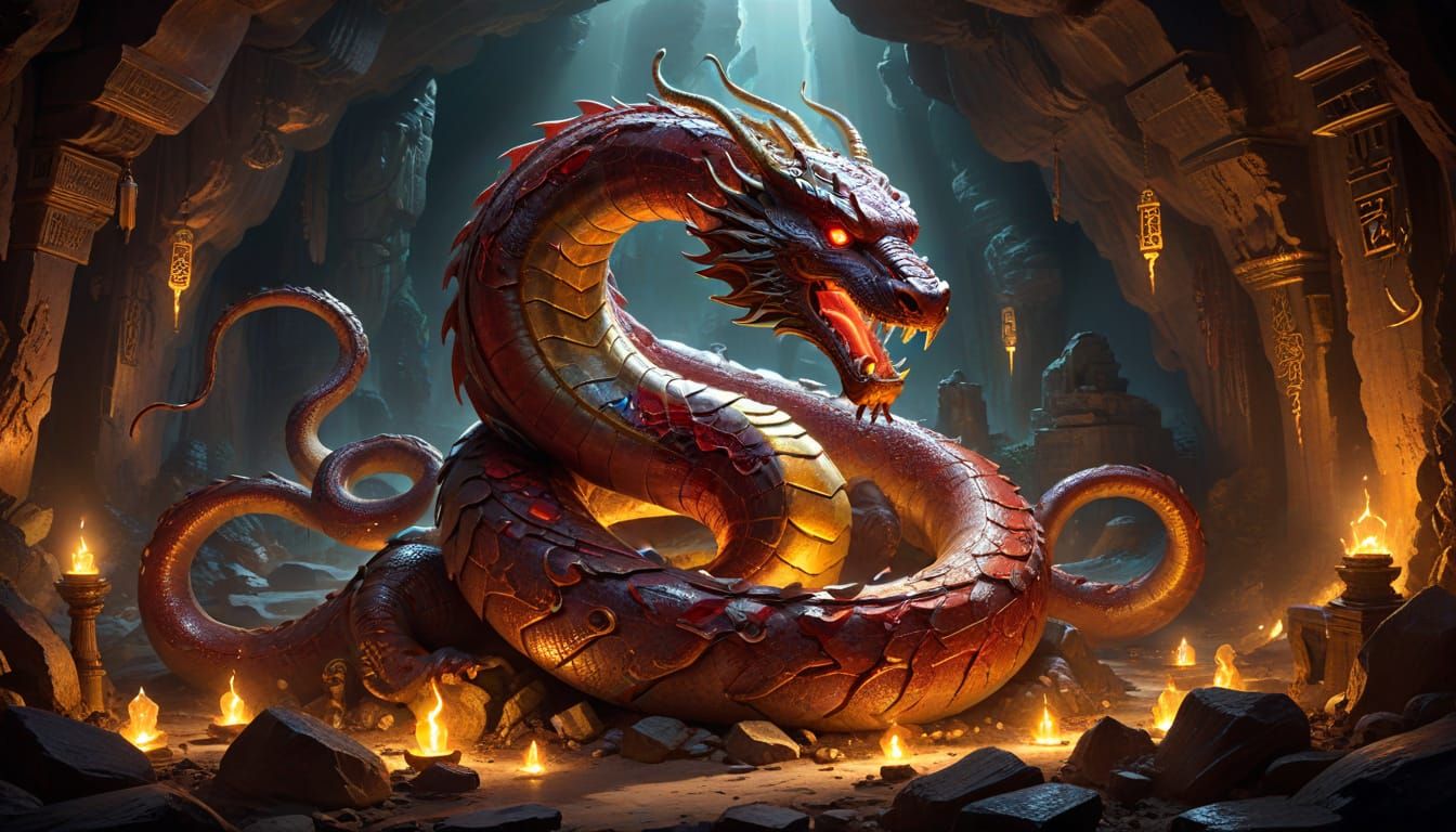 Mythical Red Serpent Guards Ancient Treasure Hoard in Myster...