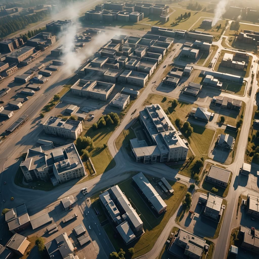 Drone View of Military Base in Morning Mist