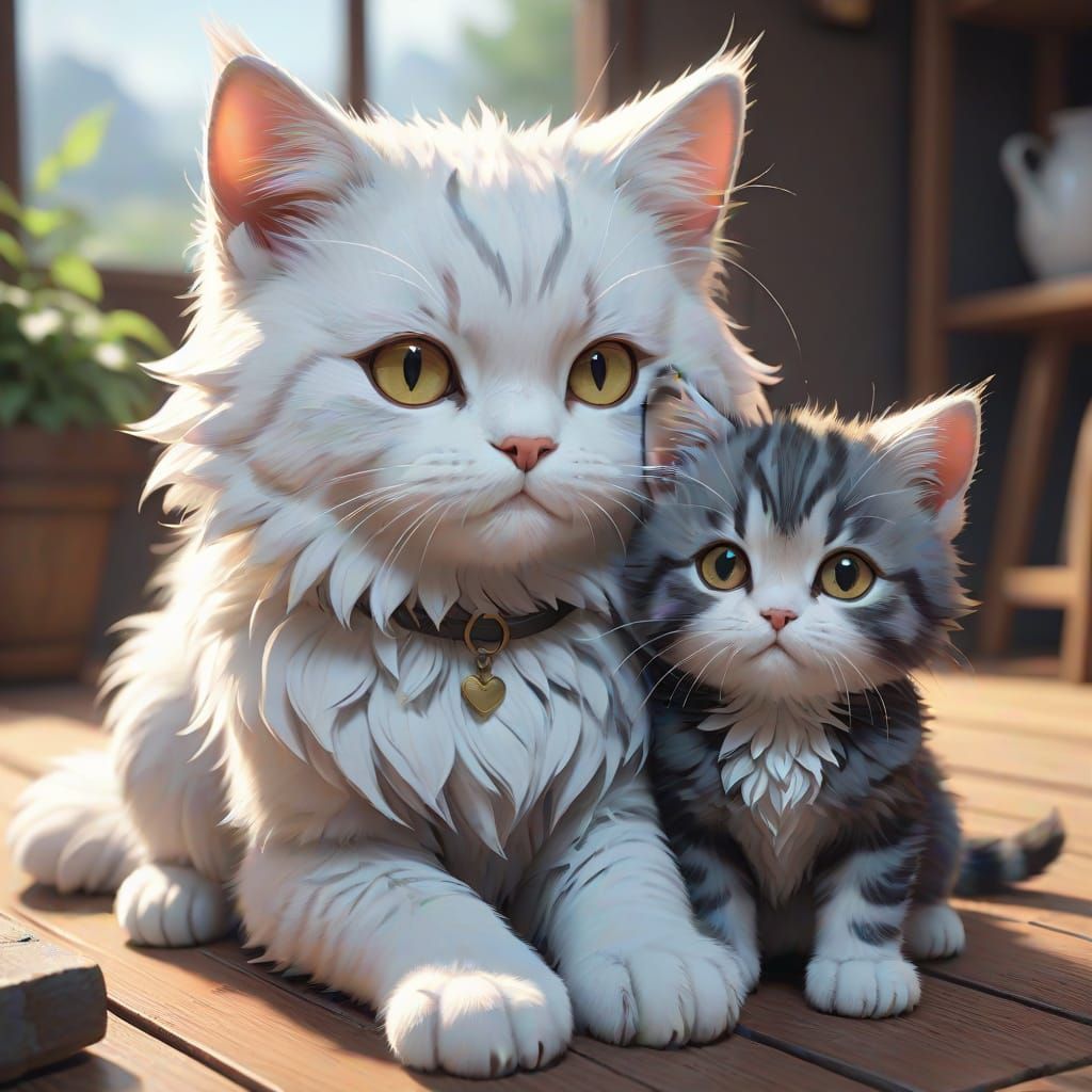 Cute Fluffy Cat and Kitten in 3D Anime Art