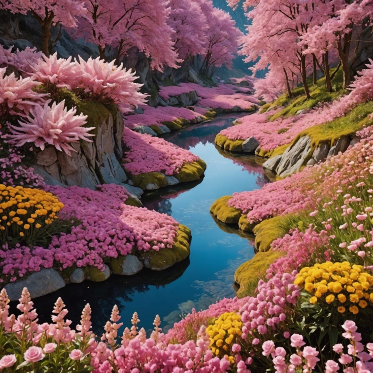 Enchanting Valley of Shimmering Crystals and Glitter Flowers