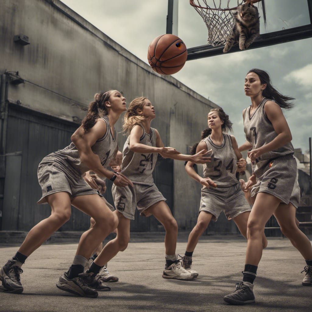 Women's Basketball Game with a Cat: Hyperrealistic