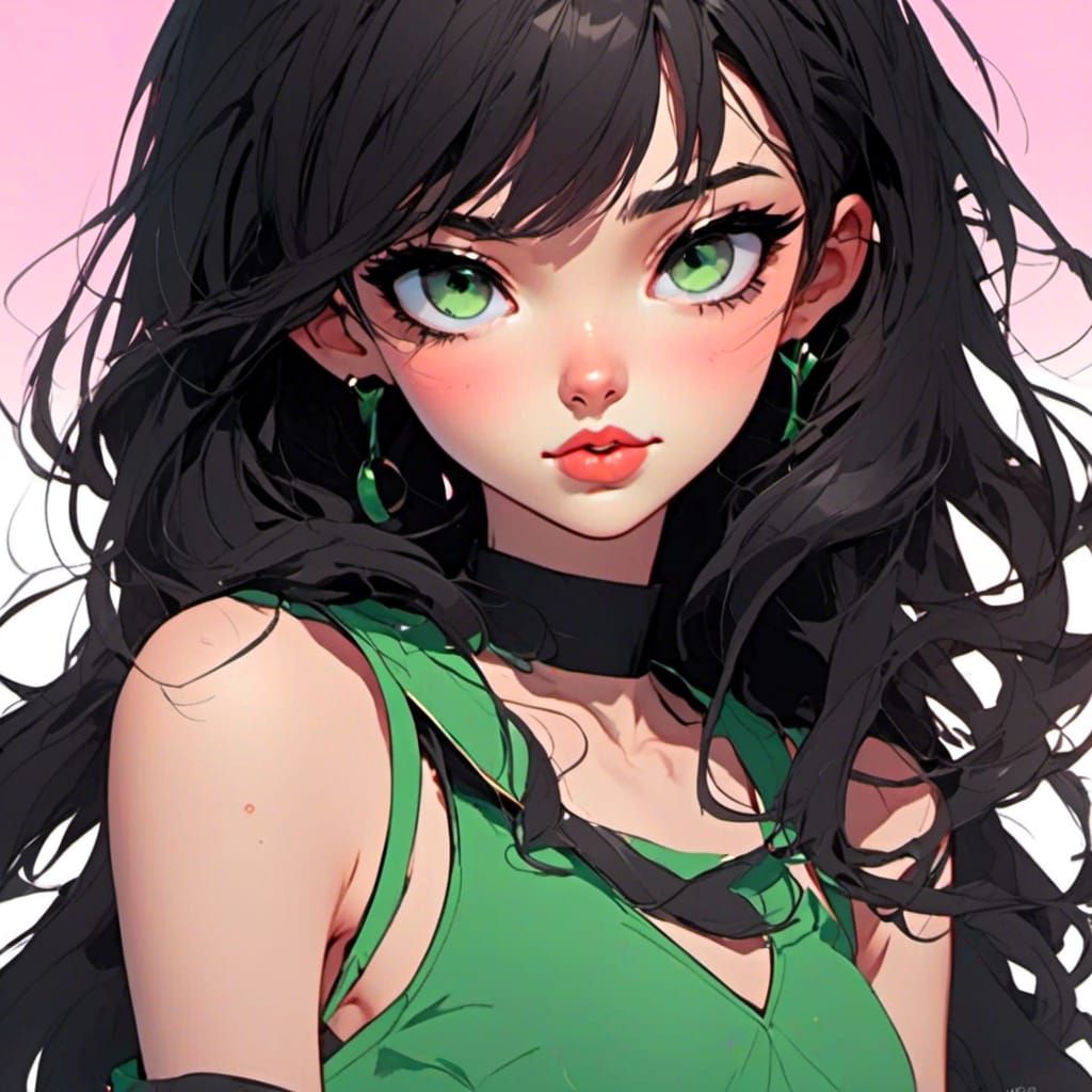 Adorable Cartoon Girl with Black Hair in Anime Style