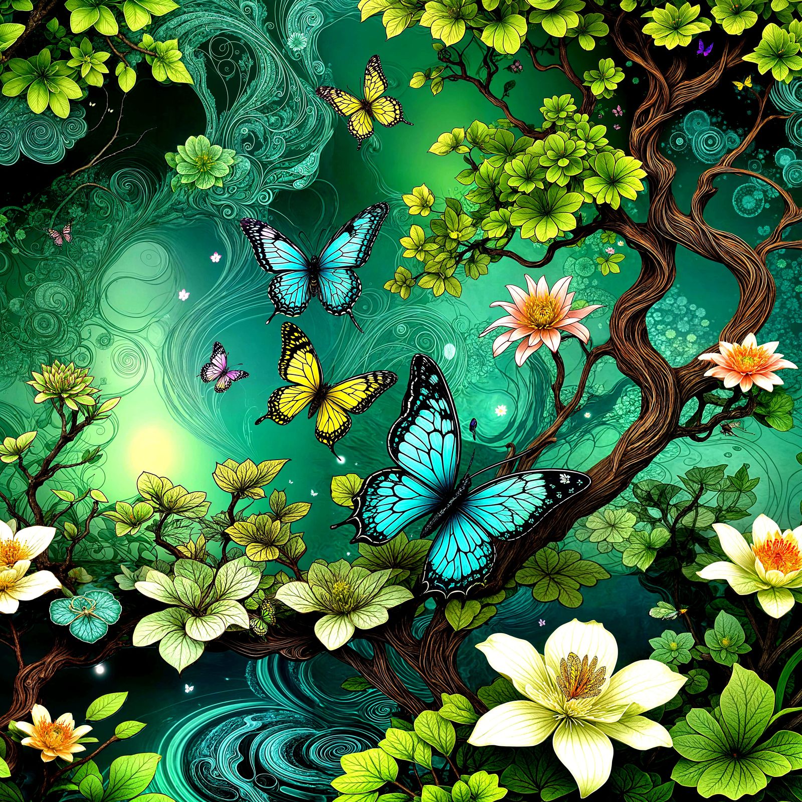 Fluorescent Butterfly Over Bonsai Tree: Abstract Vector Art