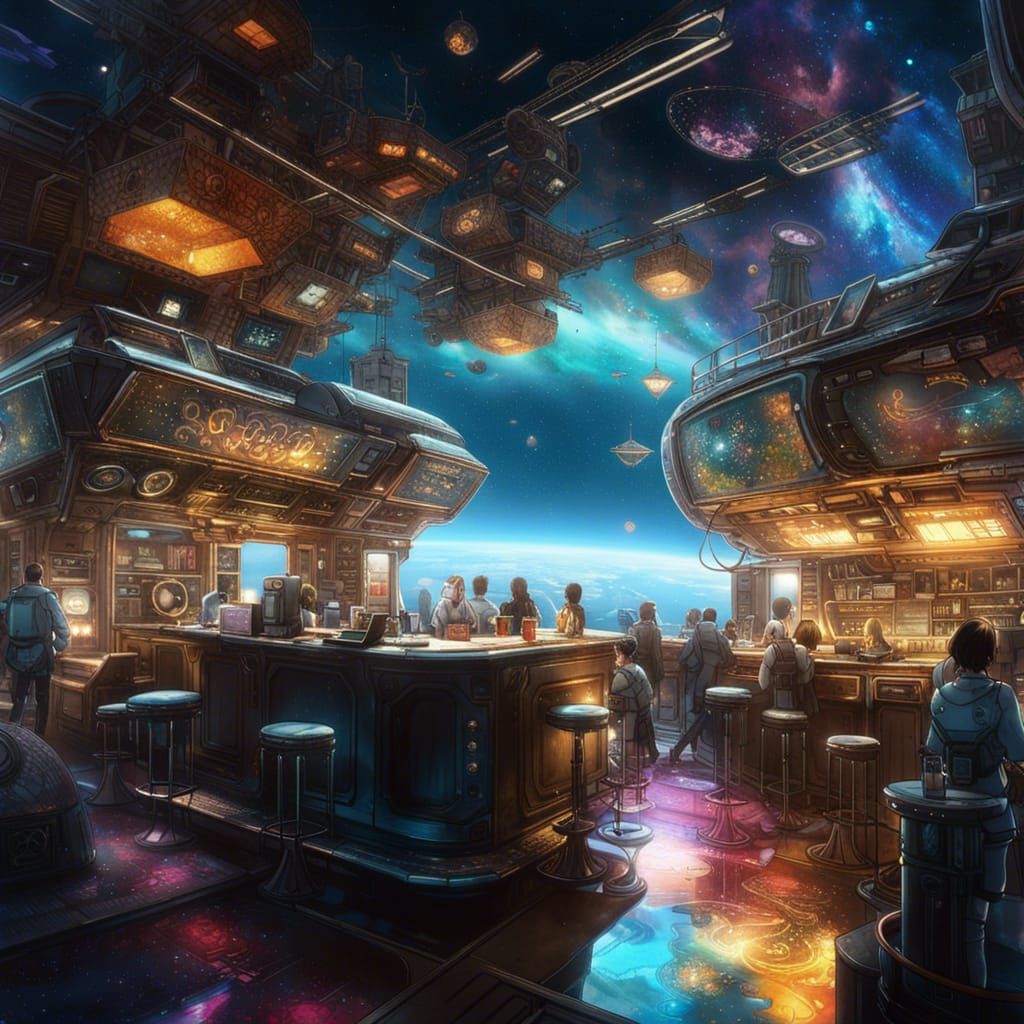 Cinematic Space Coffee Bar with Galaxy View