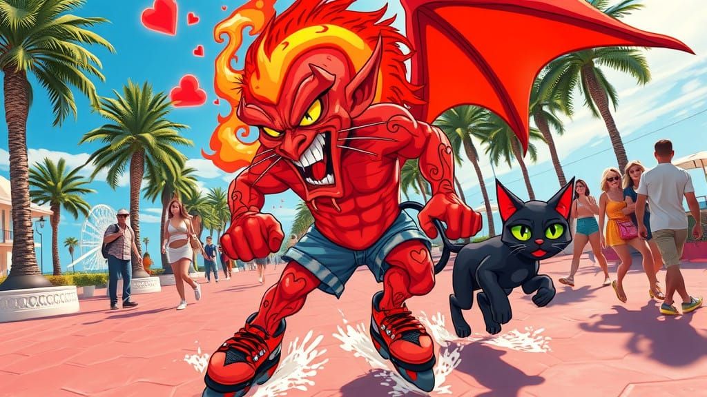 Vibrant Red Devil Rollerblades in a Fantastical Cartoon Scen...