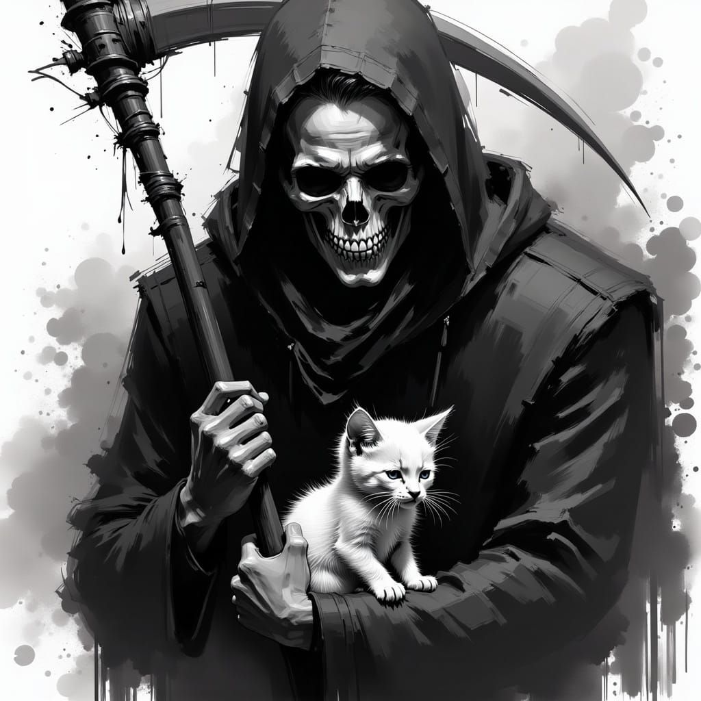 Death Holds Kitten: Ink Paint Sketch