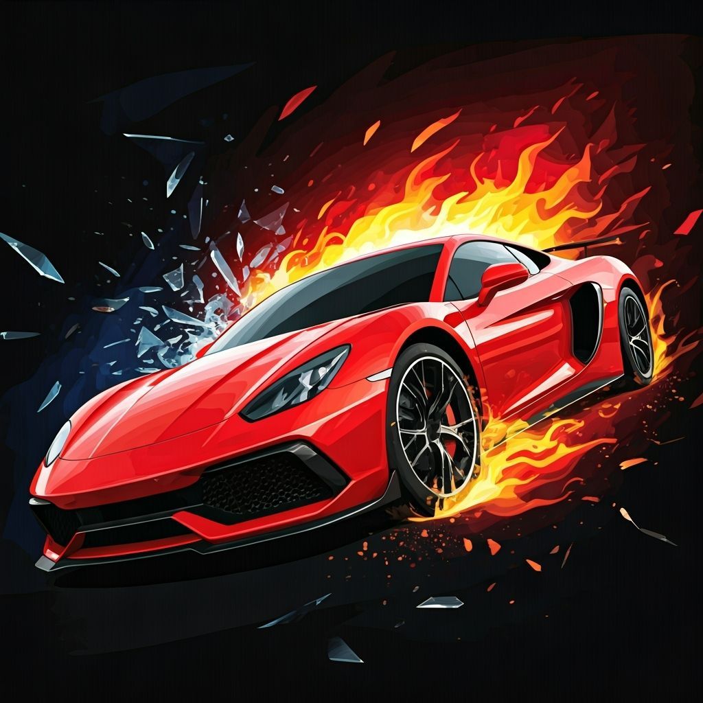 Stained-Glass Sports Car Crash in Geometric Style