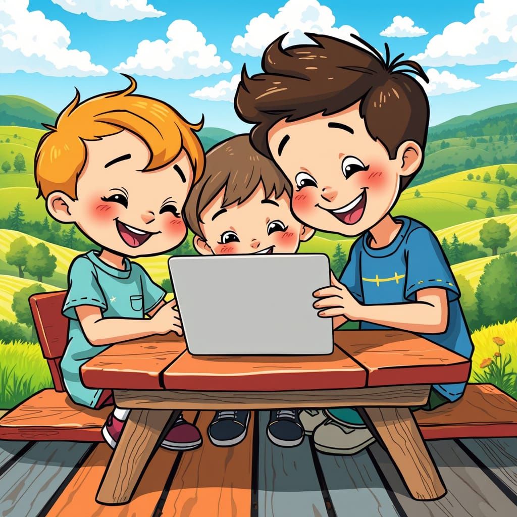 Cheerful Cartoon Children Enjoy Nature