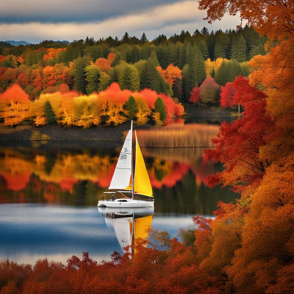 Sailboat on Lake with Autumn Foliage in Fantasy Art