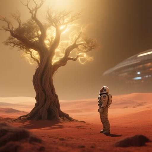 Ancient Glowing Tree on Mars in Sci-Fi Realism