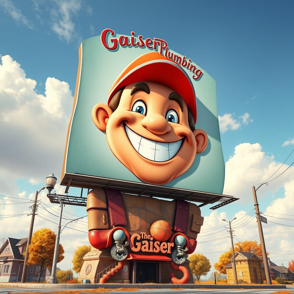 Whimsical Plumbing Billboard in Vibrant Dreamlike Style