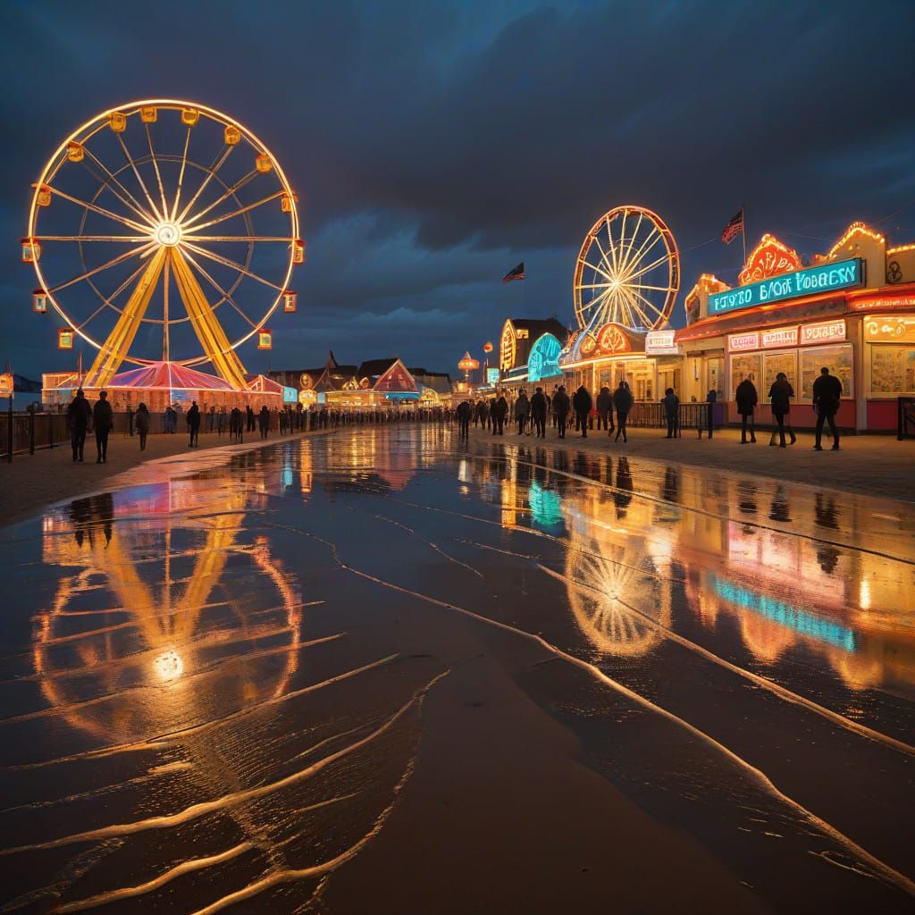 Surreal Seaside Boardwalk at Sunset in Whimsical Watercolor