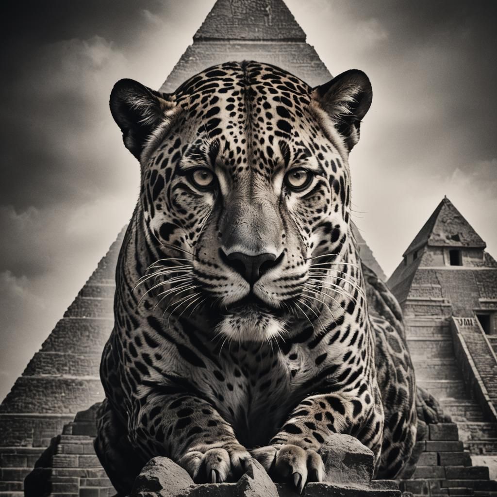 Jaguar on Pyramid Tattoo Style Drawing