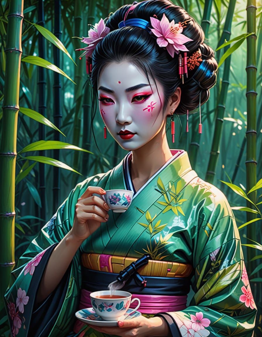Cyberpunk Geisha in Bamboo Garden: Digital Art