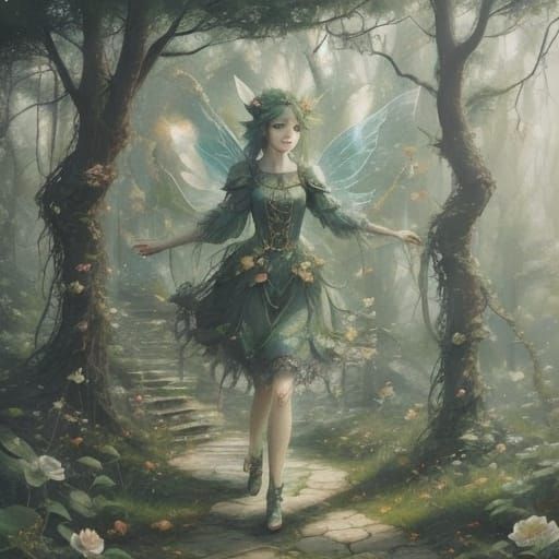 Enchanting Fairy in Lush Forest, Whimsical Fantasy Art