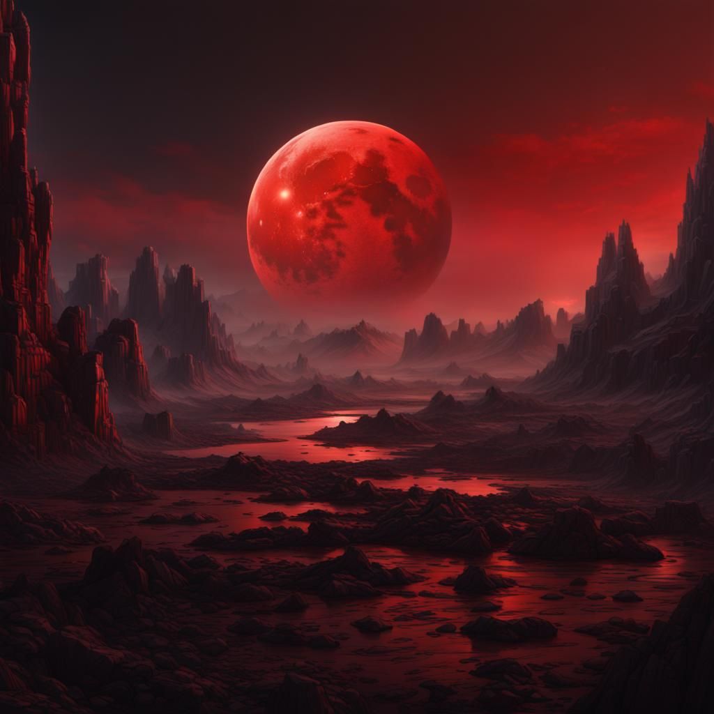 Dramatic Red Moon Digital Matte Painting